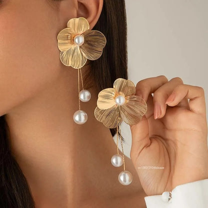 Flower Petal Tassel Earrings Women Long Imitation Pearl Jewelry