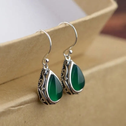 Pear Stone Drop Earrings Women Ethnic Aesthetic Carved Jewelry