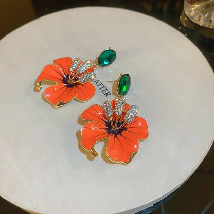 Orange Enamel Flower Drop Earrings with Green Crystals for Women
