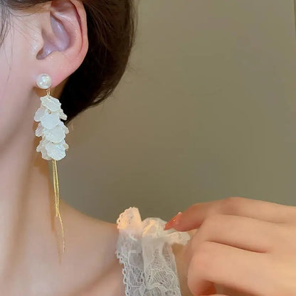 White Flower Drop Earrings with Pearl Tassel Elegant Jewelry for Women