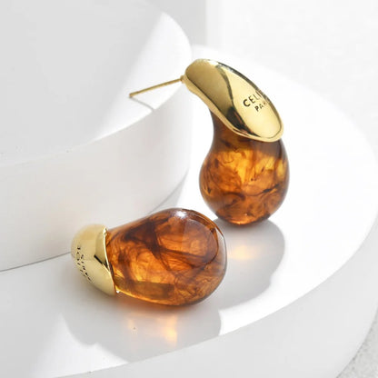 Water Drop Brown Resin Stud Earrings Vintage Copper Gold Plated
