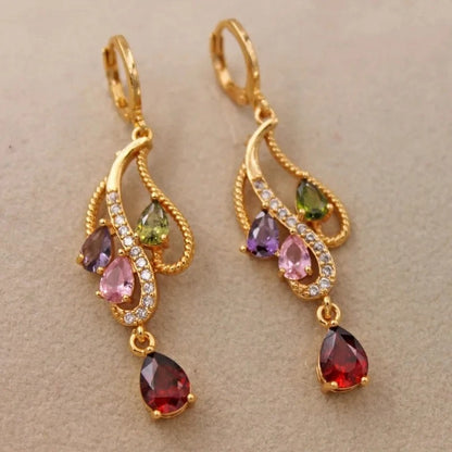 Pink Green Purple Stone Hoop Earrings Women Gold Flower Jewelry
