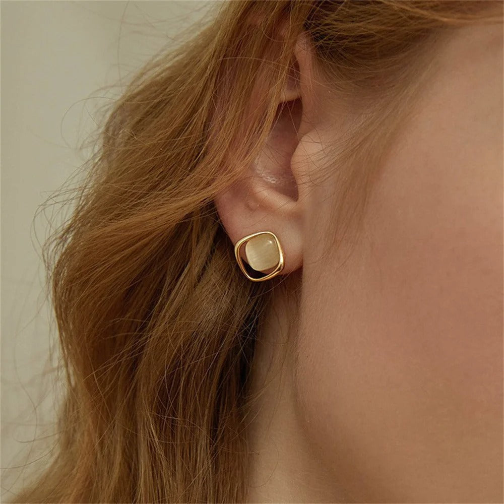 Simple Gold Cat Eye Stone Earrings Trendy Geometric Jewelry for Women