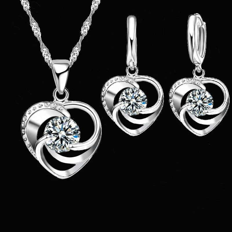 Silver Stamped Necklace Earrings Set Long Chain Sweet Romantic Style Love Heart Shape For Women Lady Wife