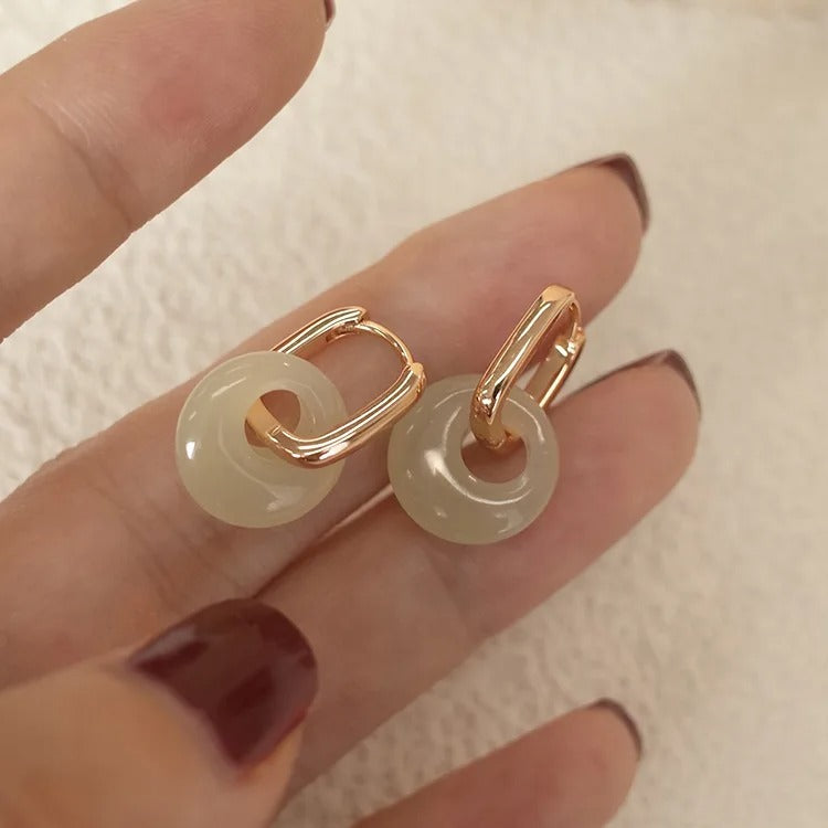 Sterling Silver Jade Geometry Hoop Earring For Women Removable Grace Versatile Ethnic Design Jewelry