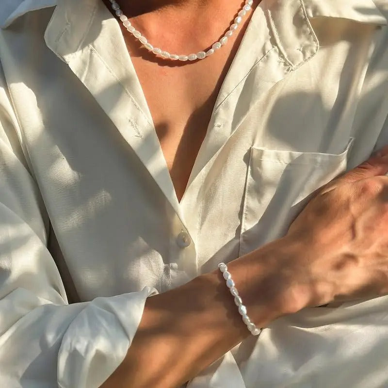Oval Pearl Beaded Chain Bracelet & Necklace Set for Men & Women