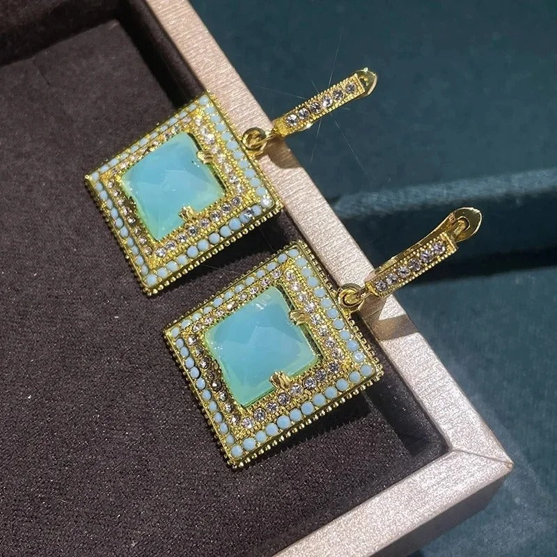 Gold Square Stone Dangle Earrings Women’s Wedding & Party Jewelry