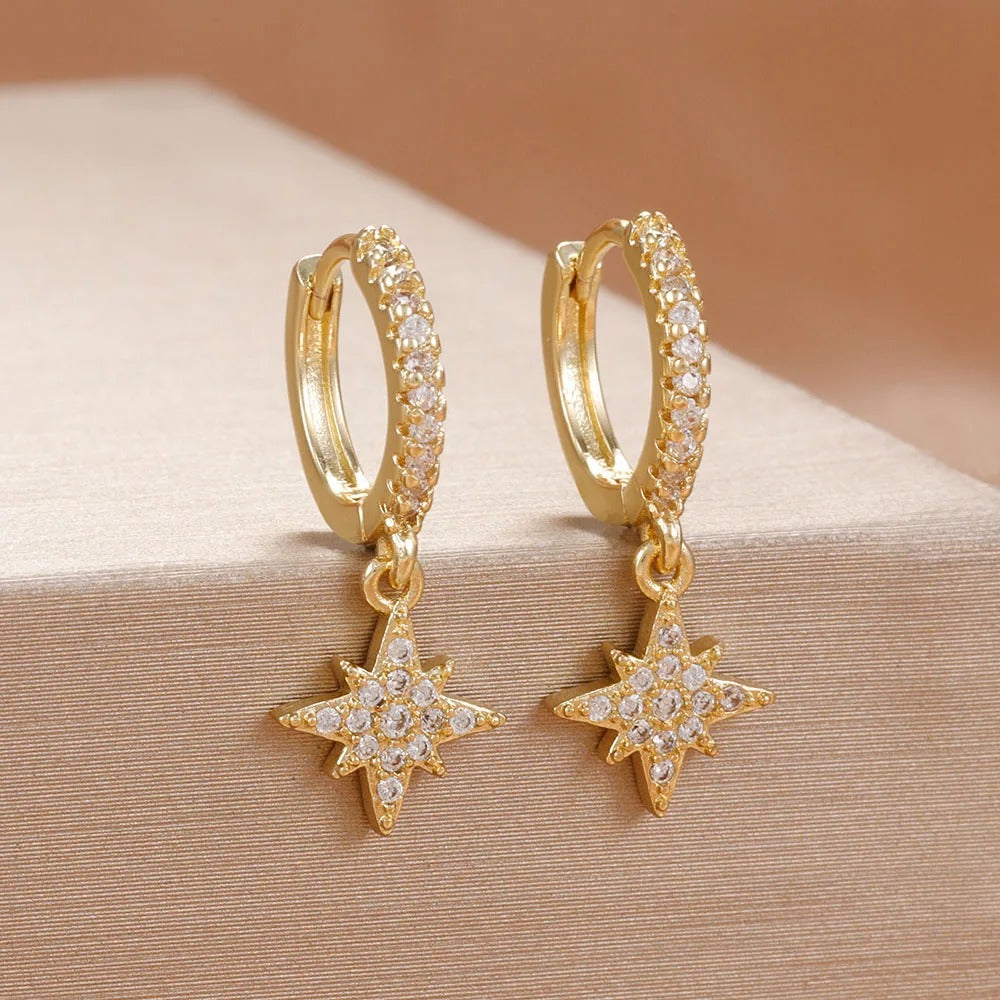 Star Zircon Hoop Earrings 18K Gold Plated for Women
