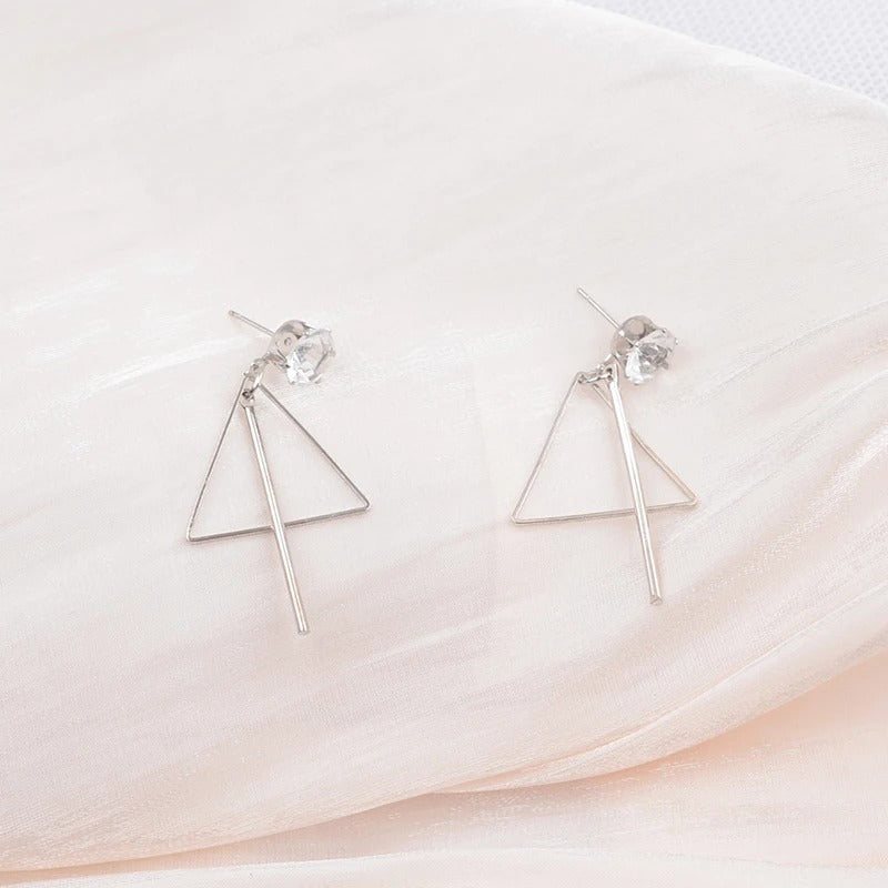 Korean Silver Hollow Triangle Crystal Pendant Earrings Women