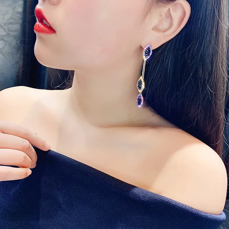 Long Tassel Leaf Drop Earrings for Women Purple Crystal Dangle Jewelry Gift