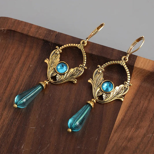 Inlaid Blue Stone Long Earrings Women Vintage Silver Metal Jewelry