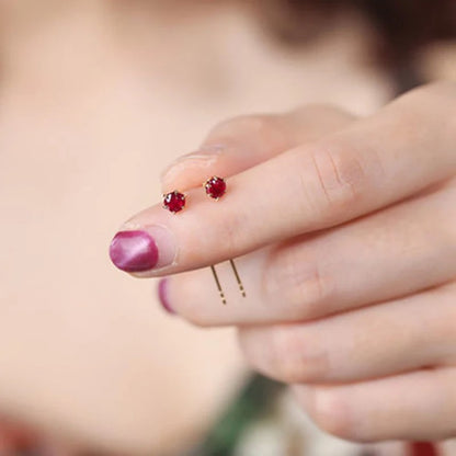 Mini Six-Claw Inlaid Ruby Earrings – Chinese Style Retro Silver Jewelry for Women
