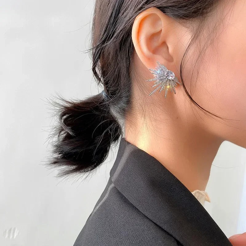 New Silver Big Plant Stud Earrings with Zircon for Women Korean Fashion