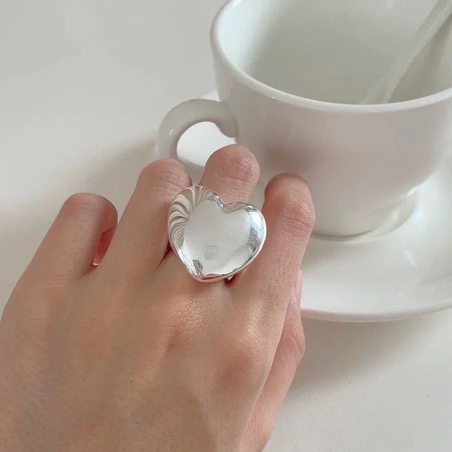 925 Sterling Silver Geometric Heart Ring Women Adjustable Jewelry