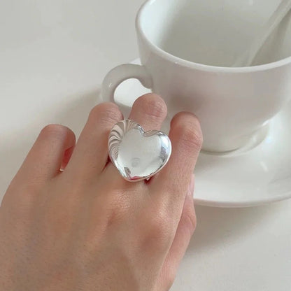 925 Sterling Silver Geometric Heart Ring Women Adjustable Jewelry