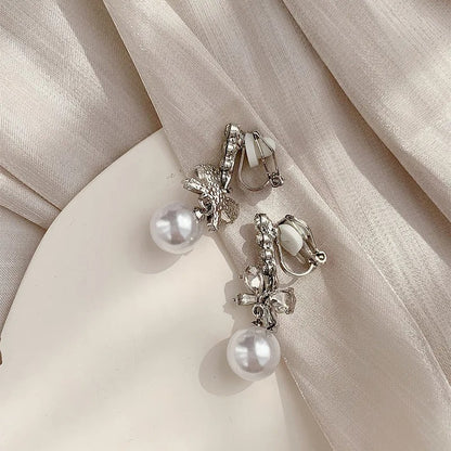 Rhinestone Butterfly Bow No Hole Ear Clips Trendy Zircon Bowknot Pearl Clip Earring Without Piercing for Women Party Wedding