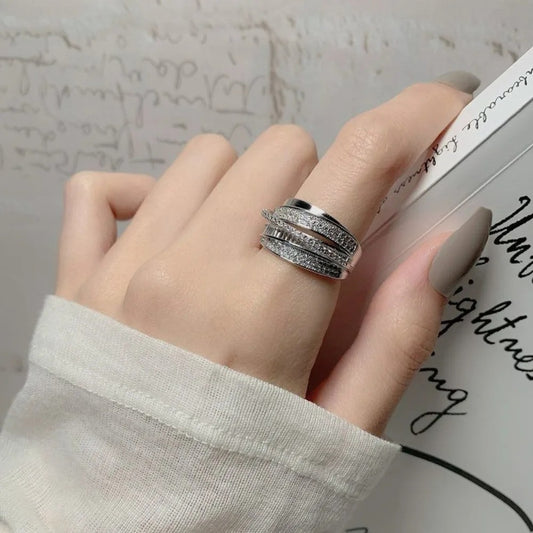 New Trendy Luxury Geometric Zircon Multi Layered Gold Couple Ring  Stainless Steel Jewelry Gift for Women