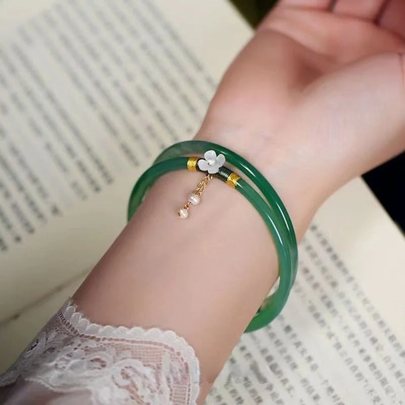 2-Pc Natural Jade Bangles Set for Women Antique Charm Bracelet Jewelry