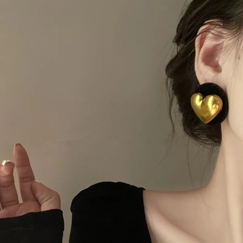 Women Vintage Gold Heart Statement Earrings Big Black Ethnic Jewelry