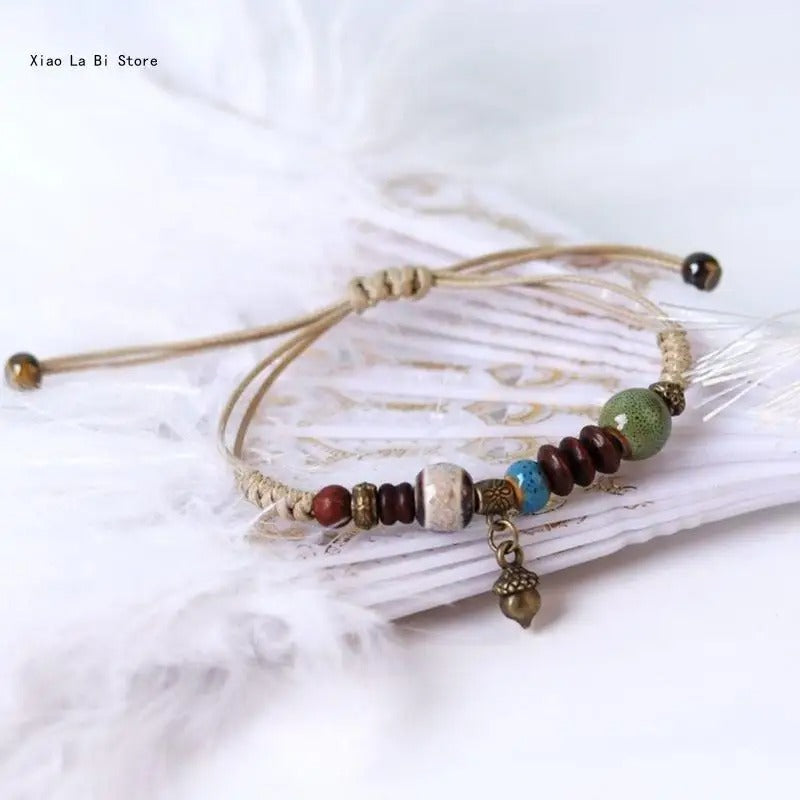 Boho Ceramic Beaded Bracelet Handwoven String Wrist Accessory