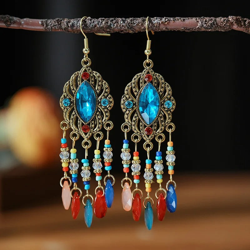 Ethnic Boho Crystal Tassel Drop Earrings Handmade for Women