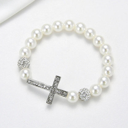 Imitation Pearl Beaded Cross Bracelet Elastic Women Jewelry Gift