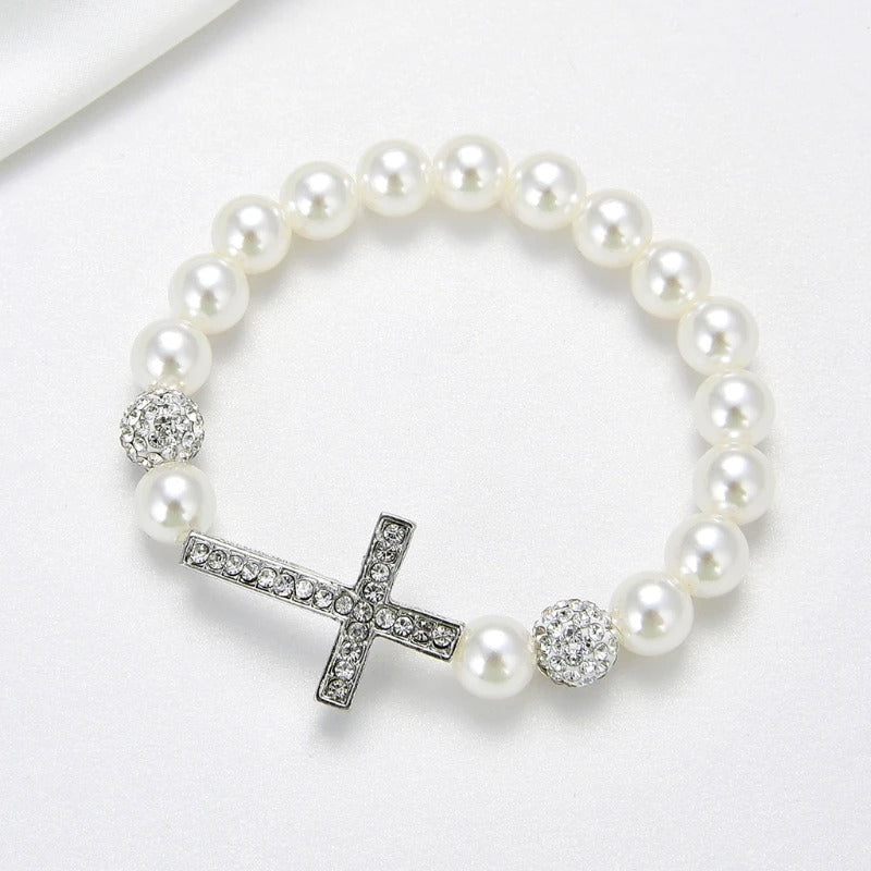 1 Pc Fashionable Imitation Pearl Beaded Bracelet Cross Pendant Elastic Bracelet Jewelry Decoration Souvenir Gift for Women