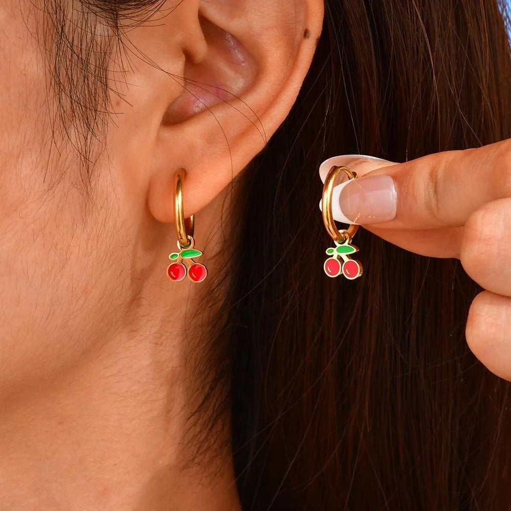 Kolmnsta Stainless Steel Strawberry Cherry Hoop Earrings Women Jewelry