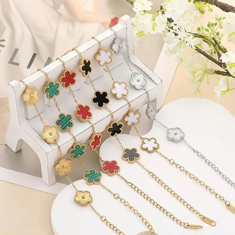 Lucky Clover Double-Sided Flower Bracelet – Gold-Plated Stainless Steel Jewelry for Women