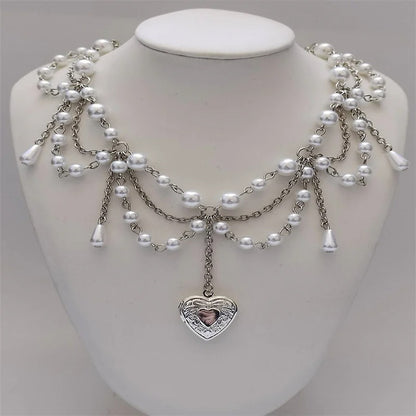 Pearl Heart Locket Style Layered Necklace Handmade Y2K Necklace Perfect For Weddings Prom or Victorian/Regency Cosplay Jewelry