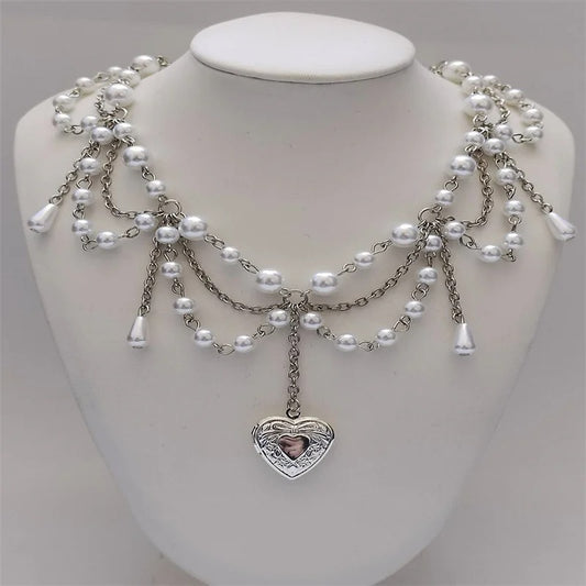 Pearl Heart Locket Style Layered Necklace Handmade Y2K Necklace Perfect For Weddings Prom or Victorian/Regency Cosplay Jewelry