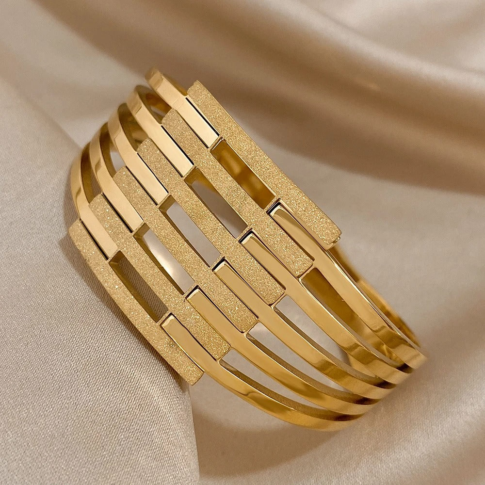 Gold Plated Geometric Chunky Bangle Bracelet for Women Stainless Steel