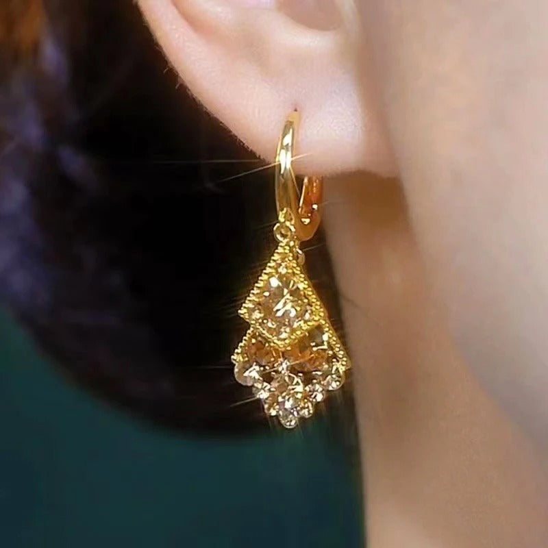 2025 Brown Double Square Pendant Gold Color Earrings for Women New Fashion Elegant Temperament Girls Jewelry Birthday Gift