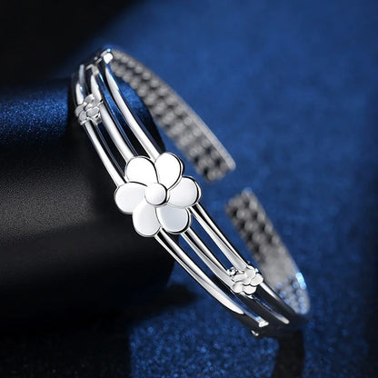 925 Sterling Silver Flower Open Bangle Luxury Women’s Bracelet