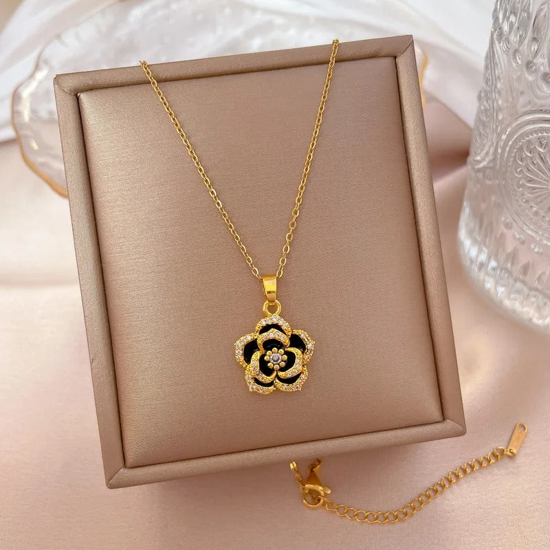 Stainless Steel 2025 Hot Sale Beautiful Flower Chain Long Style Exquisite Black Camellia Clavicle Chain Necklace For Women