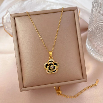 Stainless Steel 2025 Hot Sale Beautiful Flower Chain Long Style Exquisite Black Camellia Clavicle Chain Necklace For Women