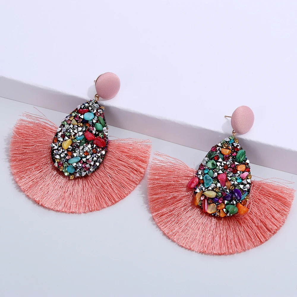 Gold Dangle Earrings with White, Red & Green Stones for Women