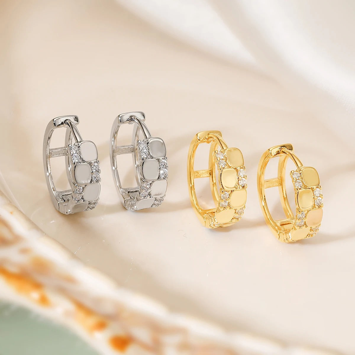 Gold & Silver High Polish Copper Hoop Earrings with Zircon Inlay