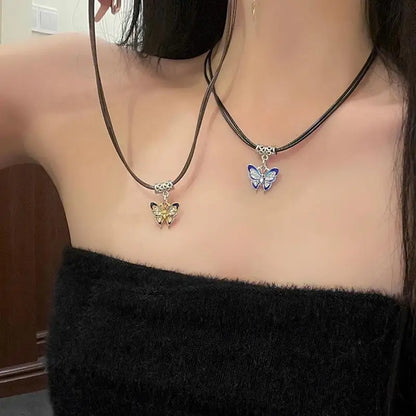 Men & Women Double Layer Leather Choker Necklace Butterfly Pendant