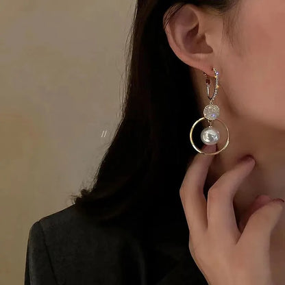2025 New Fashion Korean Oversized White Pearl Drop Earrings for Women Golden Round Zircon Wedding Earrings Jewelry Gift