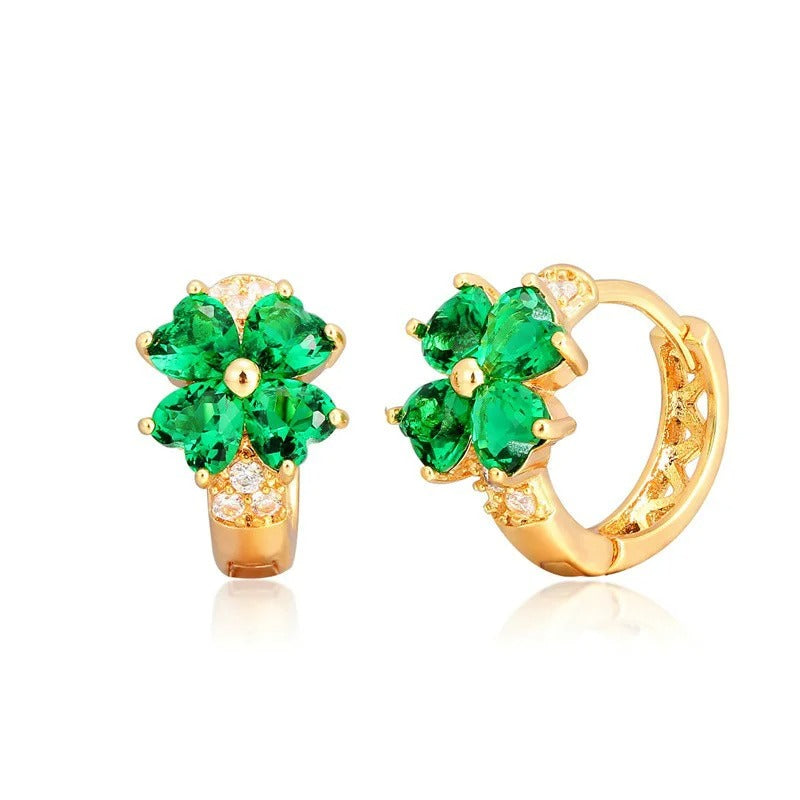 Four Leaf Clover & Heart CZ Huggie Hoop Earrings for Women Gold