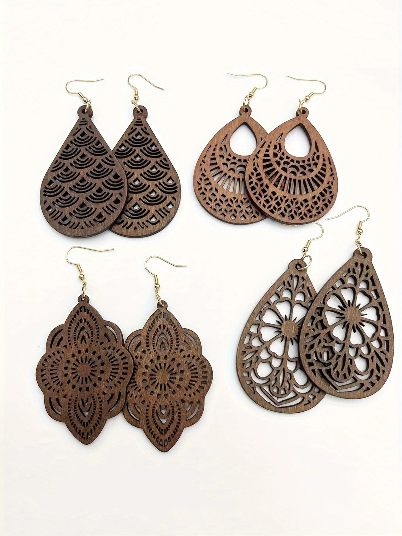 Elegant Wooden Flower Earrings Set 4 Pairs Vintage Retro Style