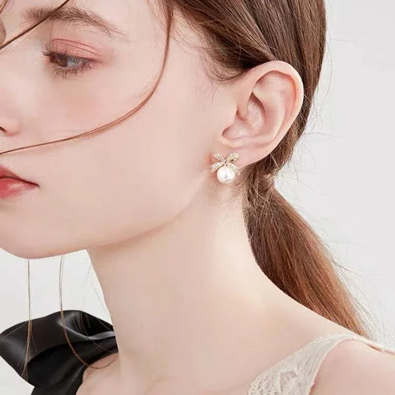 Elegant Micro Set Zircon Bowknot Pearl Pendant Earrings 2025 New Design Jewelry for Womens Girls Fashion Ear Accessories