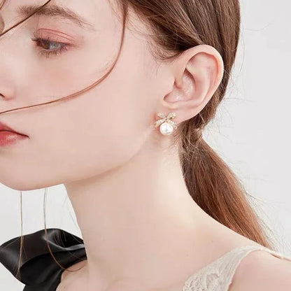 Elegant Micro Set Zircon Bowknot Pearl Pendant Earrings 2025 New Design Jewelry for Womens Girls Fashion Ear Accessories