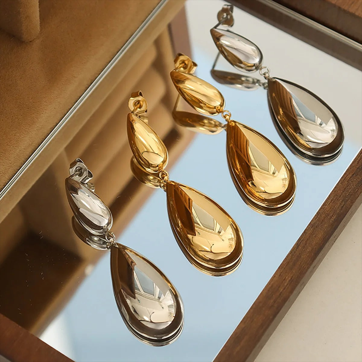 Geometric Water Drop Earrings Gold Silver Long Dangle Jewelry