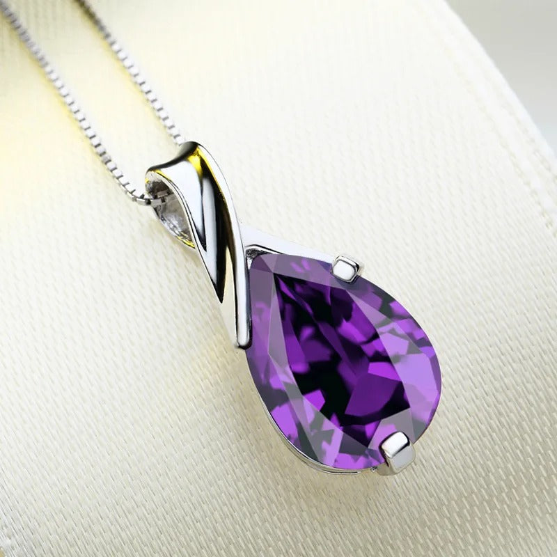 S925 Silver Angel Tears Necklace Women’s Purple Crystal Pendant