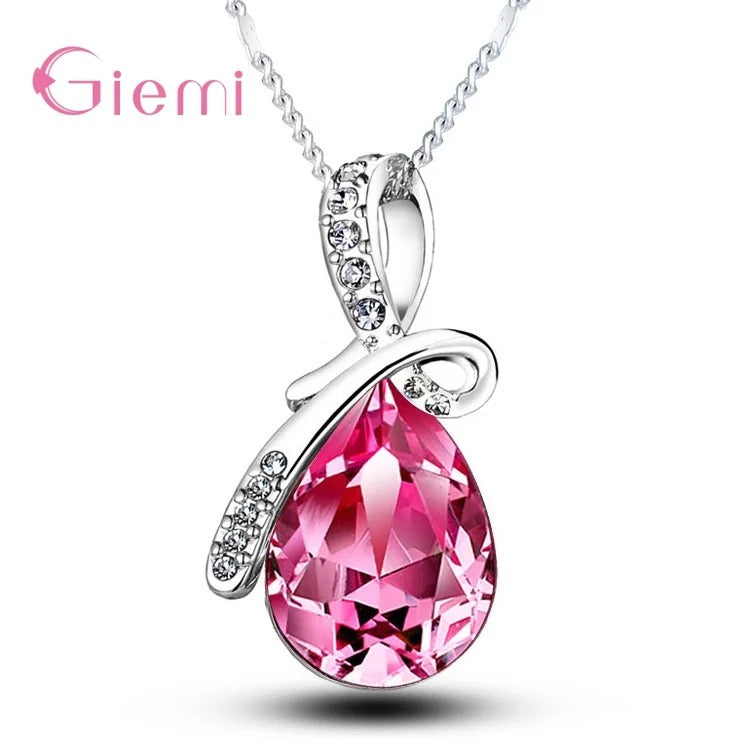 925 Sterling Silver Colorful Cubic Zirconia Waterdrop Pendant Necklace Women Girls Wedding Party Jewelry