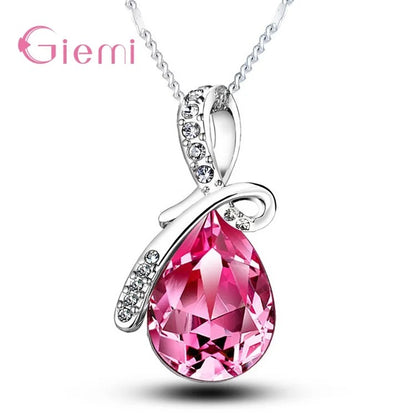 925 Sterling Silver Colorful Cubic Zirconia Waterdrop Pendant Necklace Women Girls Wedding Party Jewelry
