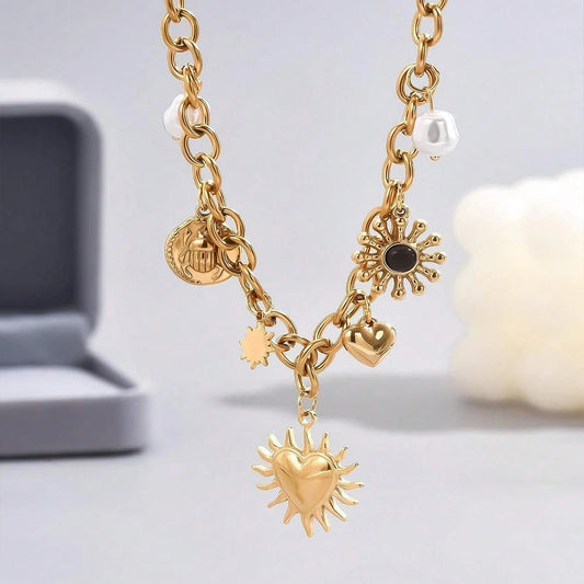 Glamorous Gold Color Chunky Chain Necklace With Playful Heart Sun Moon Imitation Pearl Charms Women's Garden Parties Jewelry