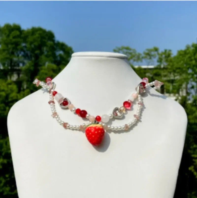 Sweet Charm Imitation Pearl Chain Strawberry Pendant Necklace for Women Wed Bridal Love Heart Choker Aesthetic Jewelry